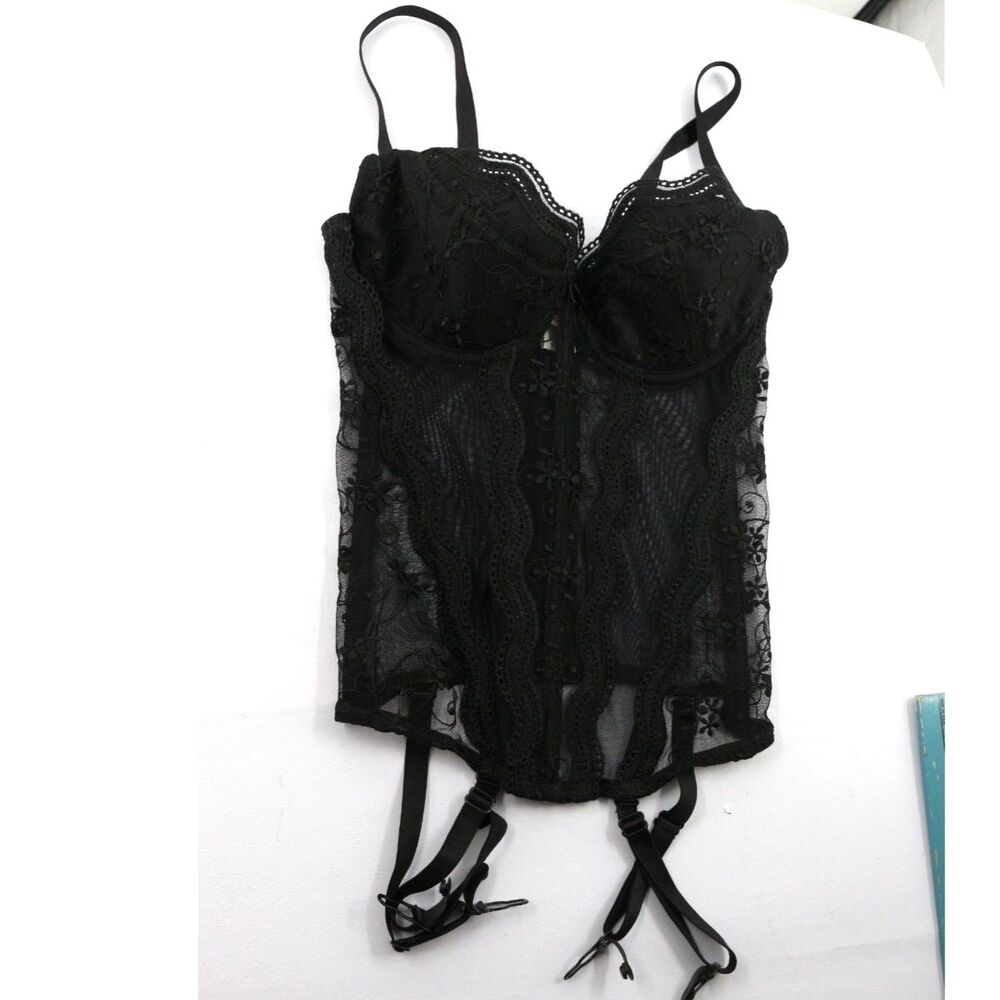 Shirley of Hollywood Womens Black Lace Corset Size 32 With Garter Belt